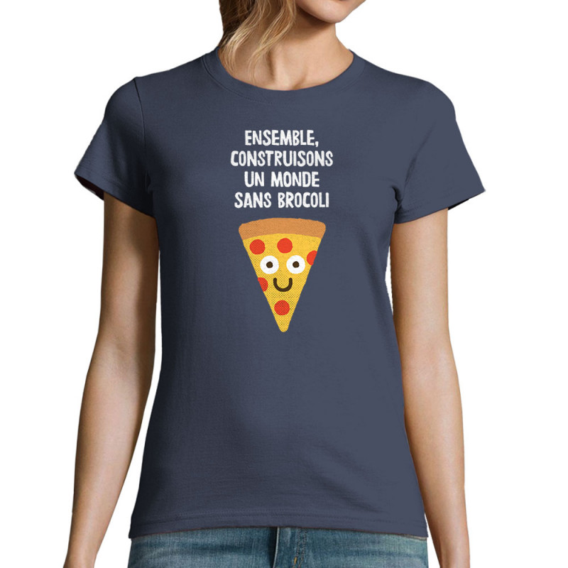 T-shirt femme bleu denim Construisons un monde sans brocoli (Alex Kidd,Fruits & Légumes,Humour)