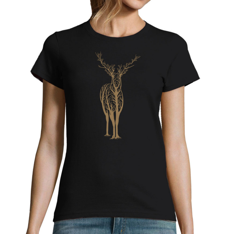 T-shirt femme noir Deer Trees (Caffein Art,Animaux)
