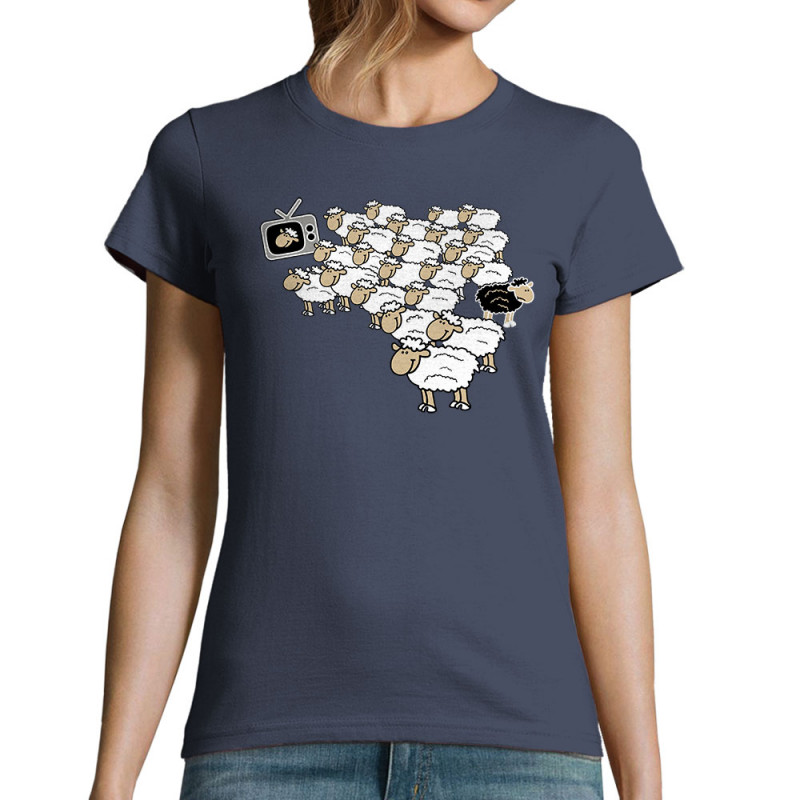 T-shirt femme bleu denim Moutons (Gondrax,Humour,Slogans engagés,Animaux)