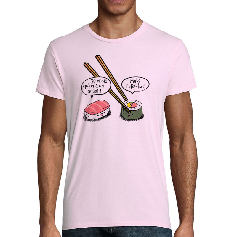 T-shirt homme coton bio rose pale On a un sushi (Gondrax,Humour,Fruits & Légumes)