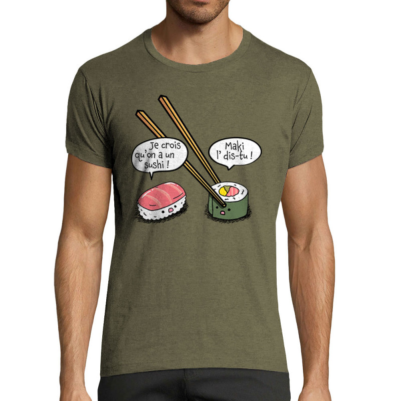 T-shirt homme fit kaki chiné On a un sushi (Gondrax,Humour,Fruits & Légumes)