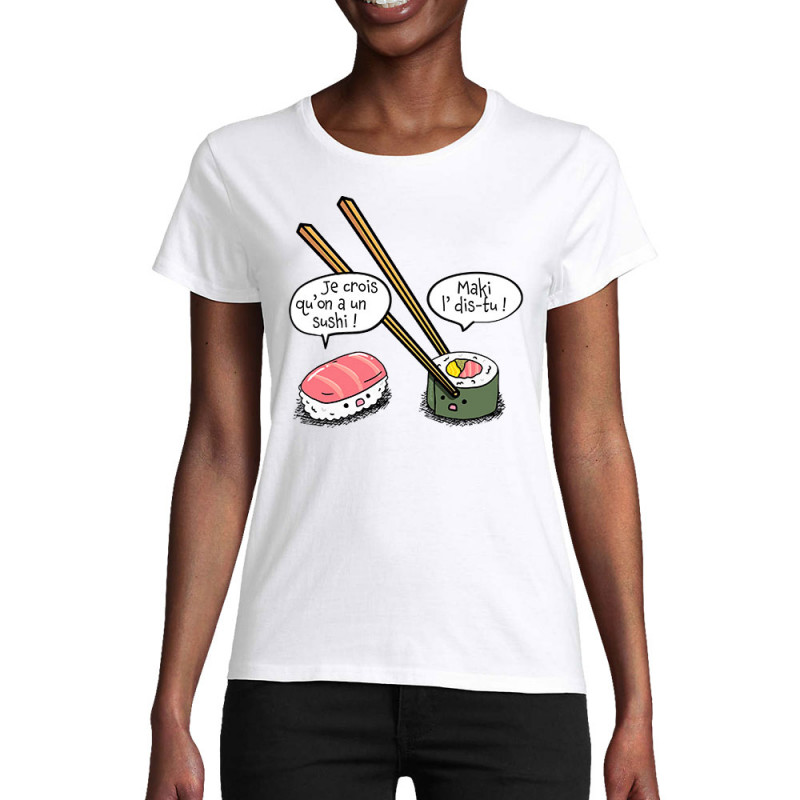 T-shirt femme coton bio blanc On a un sushi (Gondrax,Humour,Fruits & Légumes)