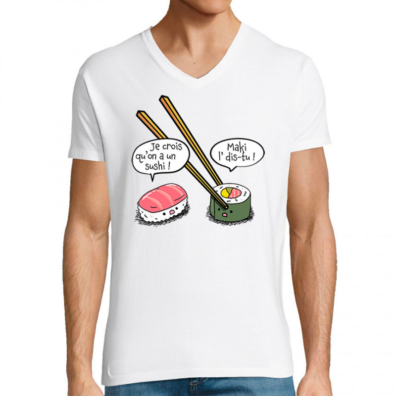 T-shirt homme col V blanc On a un sushi (Gondrax,Humour,Fruits & Légumes)