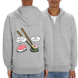 Sweat homme zippé à capuche coton bio gris chiné On a un sushi (Gondrax,Humour,Fruits & Légumes)