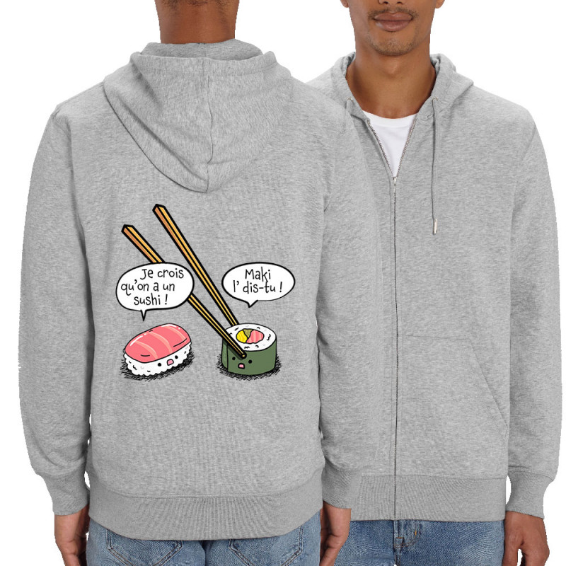 Sweat homme zippé à capuche coton bio gris chiné On a un sushi (Gondrax,Humour,Fruits & Légumes)