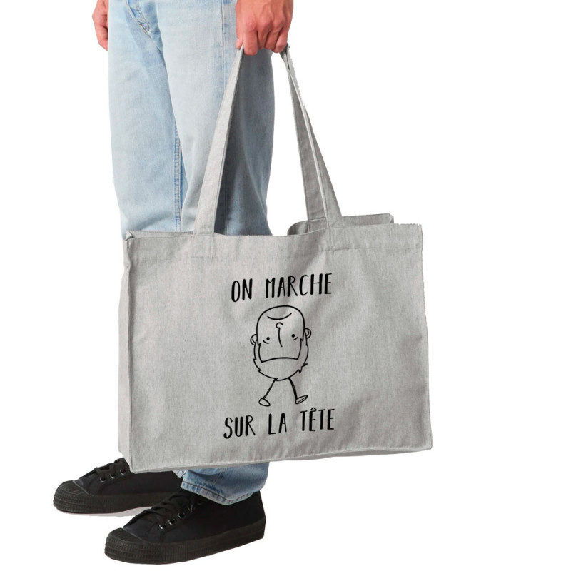 Grand sac shopping en toile recyclé gris chiné On marche sur la tête (Gondrax,Humour,Slogans Débiles)