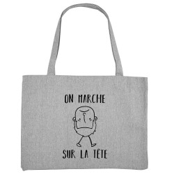 Grand sac shopping en toile recyclé gris chiné On marche sur la tête (Gondrax,Humour,Slogans Débiles)