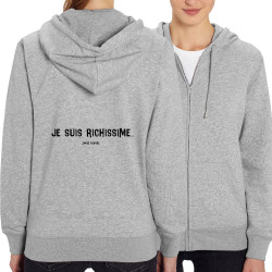 Sweat femme zippé à capuche coton bio gris chiné Je suis richissime (Gondrax,Slogans Débiles,Humour)