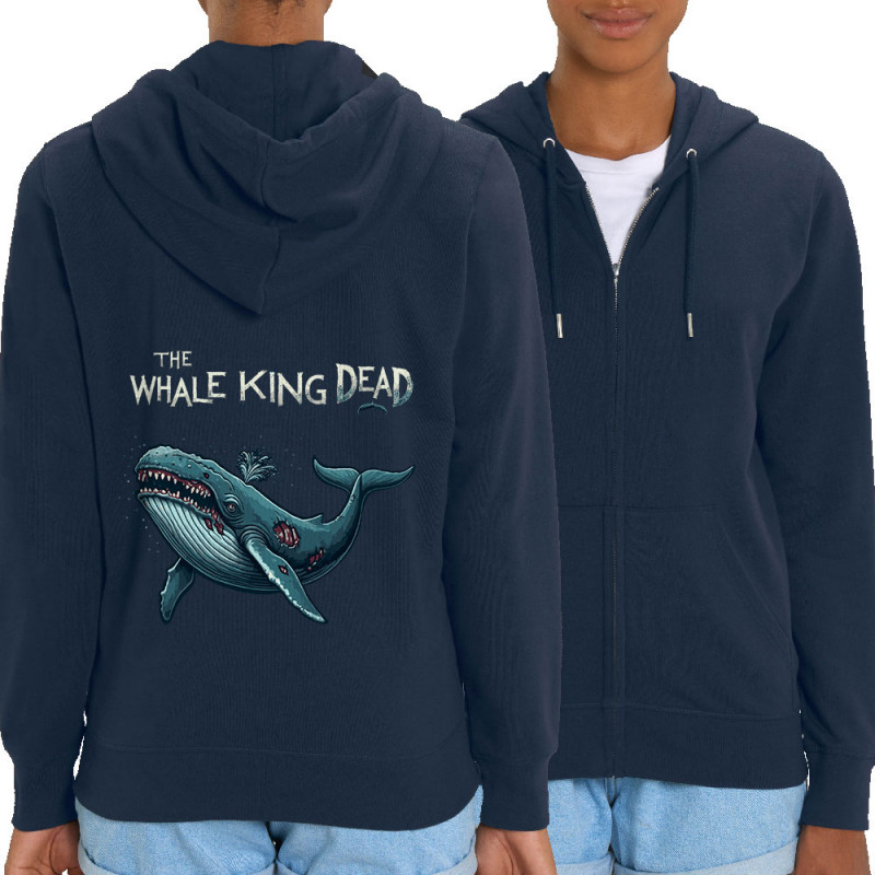 Sweat femme zippé à capuche coton bio bleu marine The Whale King Dead (Zewa,Animaux)