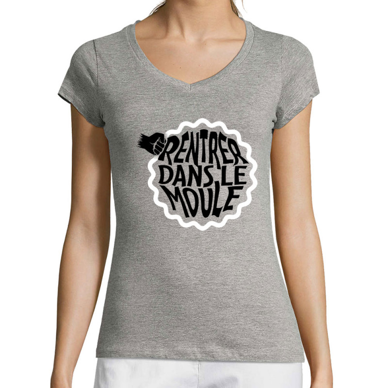 T-shirt femme col V gris chiné Rentrer dans le moule (Gondrax,Slogans Débiles)