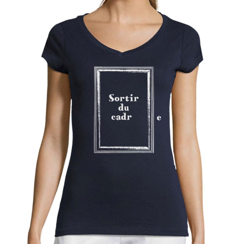 T-shirt femme col V bleu marine Sortir du cadre (Gondrax,Slogans Débiles)