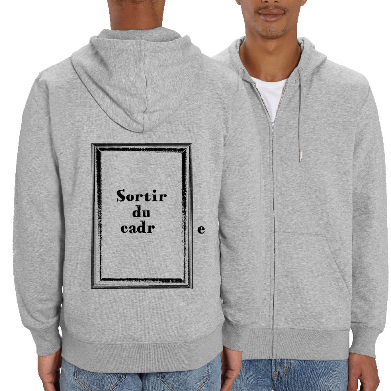 Sweat homme zippé à capuche coton bio gris chiné Sortir du cadre (Gondrax,Slogans Débiles)