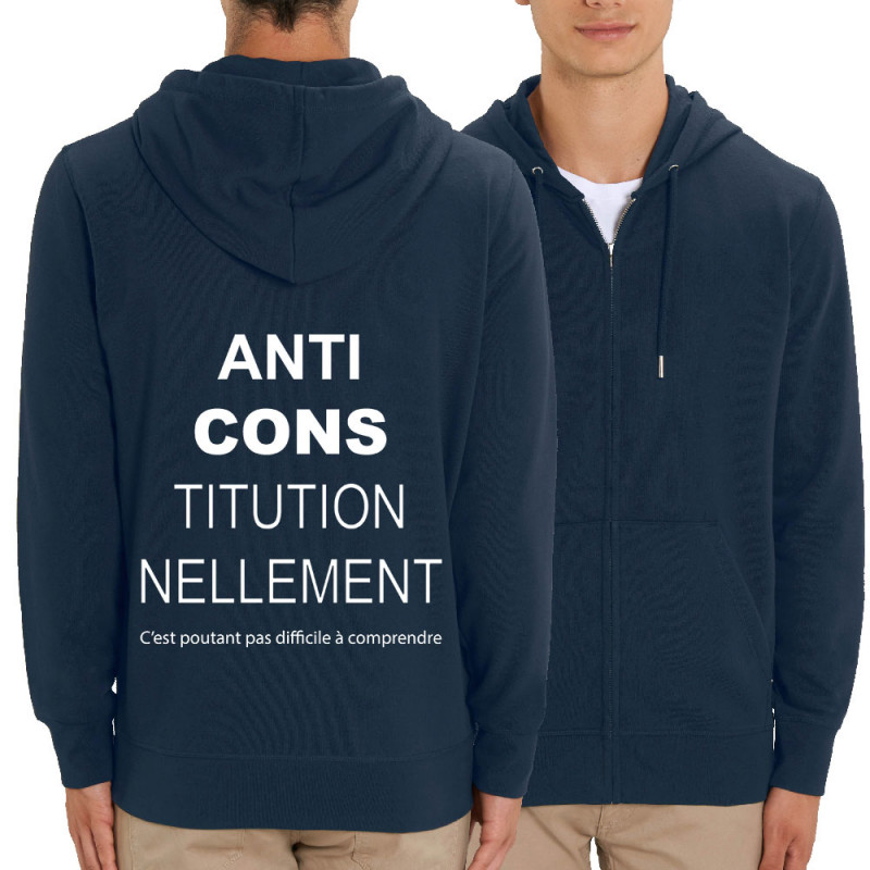 Sweat homme zippé à capuche coton bio bleu marine AntiCONStitutionnellement (Gondrax,Slogans Débiles,Slogans engagés)