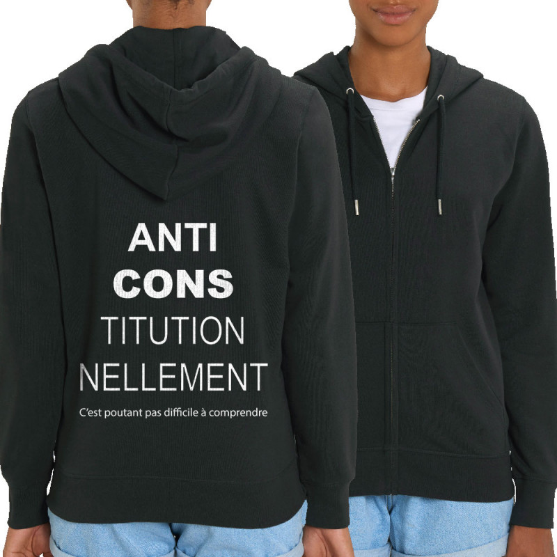 Sweat femme zippé à capuche coton bio noir AntiCONStitutionnellement (Gondrax,Slogans Débiles,Slogans engagés)