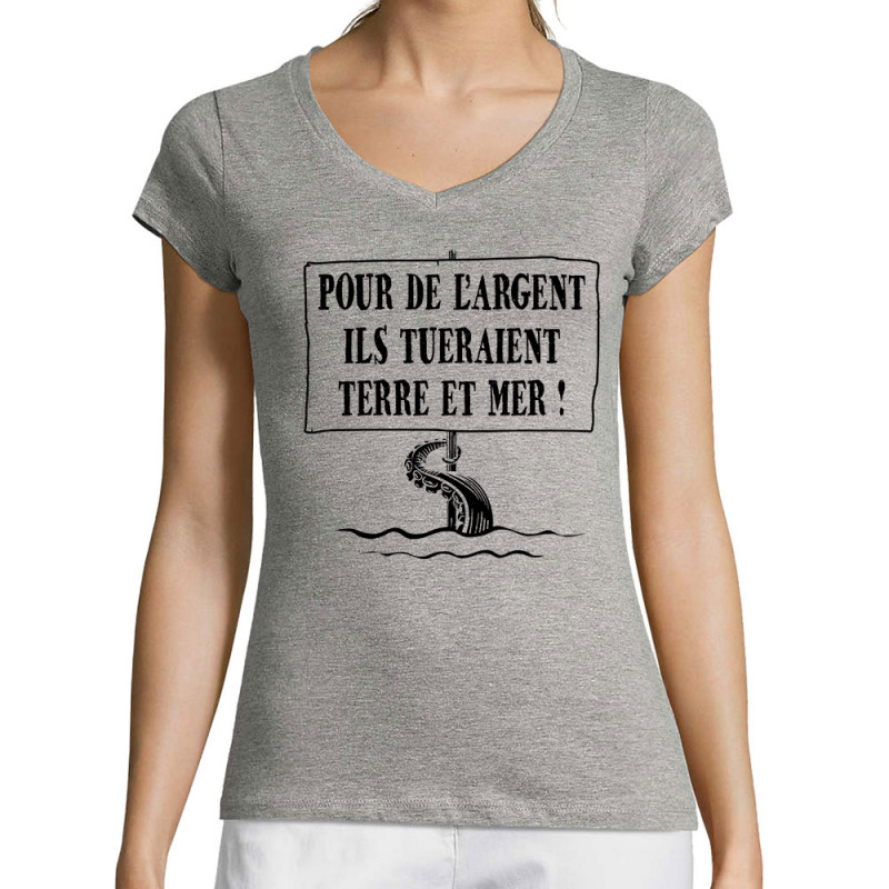 T-shirt femme col V gris chiné Ils tueraient terre et mer (Gondrax,Slogans engagés,Ecologie)