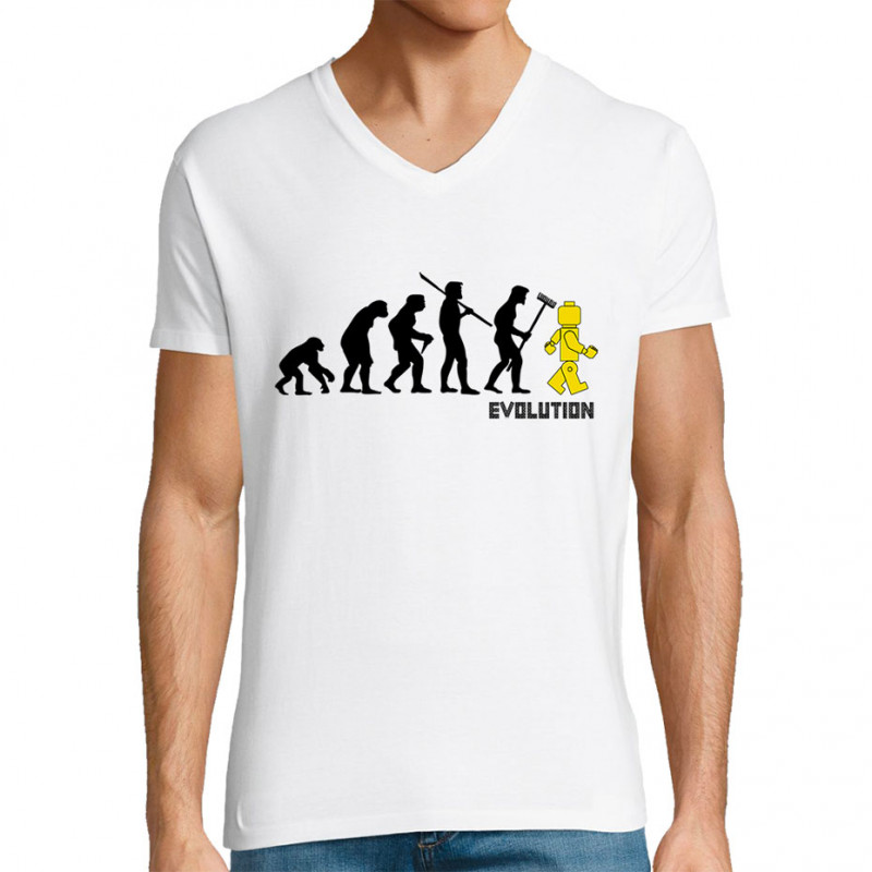 T-shirt homme col V blanc Evolution Légo (Gondrax,Humour,Evolution)