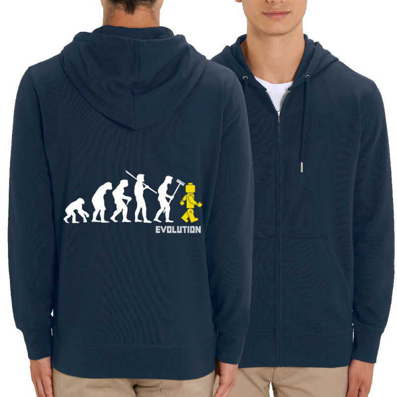 Sweat homme zippé à capuche coton bio bleu marine Evolution Légo (Gondrax,Humour,Evolution)