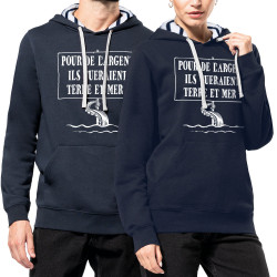 Sweat capuche à motifs unisexe bleu marine et marinière Ils tueraient terre et mer (Gondrax,Slogans engagés,Ecologie)
