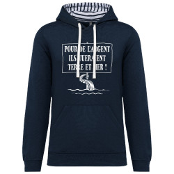 Sweat capuche à motifs unisexe bleu marine et marinière Ils tueraient terre et mer (Gondrax,Slogans engagés,Ecologie)