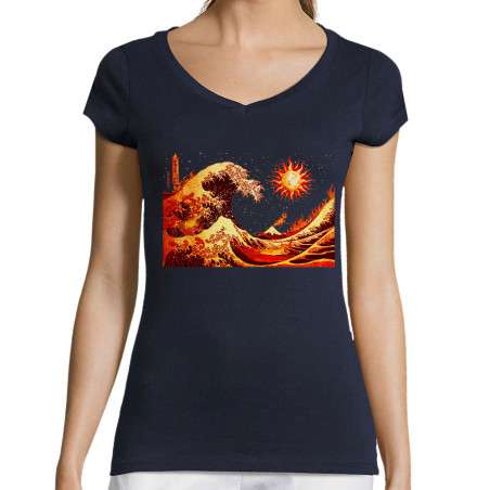 T-shirt femme col V "Vague...