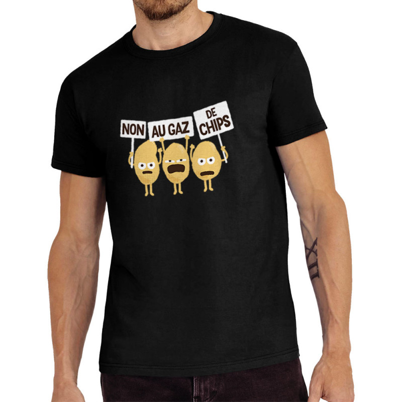 Tee-shirt homme noir Non au gaz de chips (Alex Kidd,Humour,Fruits & Légumes)
