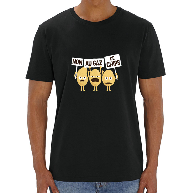 T-shirt homme coton bio noir Non au gaz de chips (Alex Kidd,Humour,Fruits & Légumes)