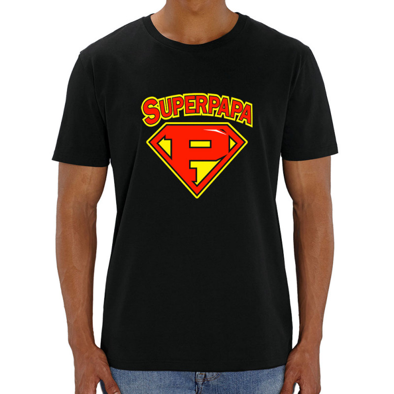 T-shirt homme coton bio noir Super Papa (Gondrax,Slogans Débiles,Humour,Fête des pères,Détournements,Papa Maman Papy Mamie)