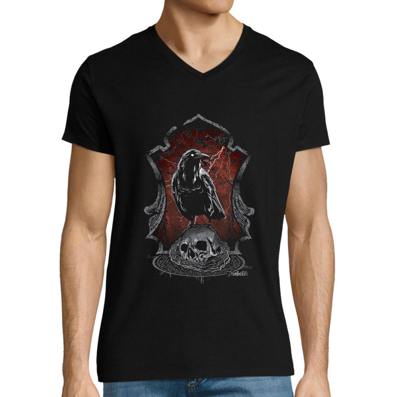 T-shirt homme col V noir Diabolik Evil Crow (Simon,Diabolik,Têtes de morts,Enfer)