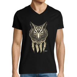 T-shirt homme col V noir Bad River - Little Owl (Bad River,Animaux,Ethnique)
