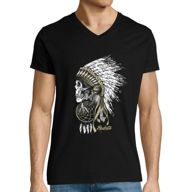 T-shirt homme col V noir Bad River - Chief Skull (Simon,Bad River,Ethnique)
