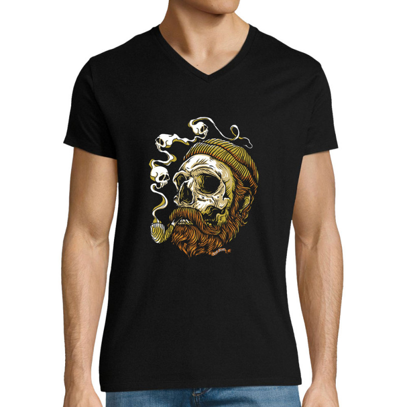 T-shirt homme col V noir Santa Muerte - Smoking Skull (Santa Muerte,Têtes de morts)