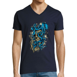T-shirt homme col V bleu marine Santa Muerte - Octopus Skull (Santa Muerte,Têtes de morts,Animaux)
