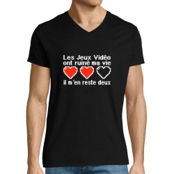 T-shirt homme col V noir Les jeux vidéo ont ruiné ma vie (Humour,Jeux Vidéo / Geek)