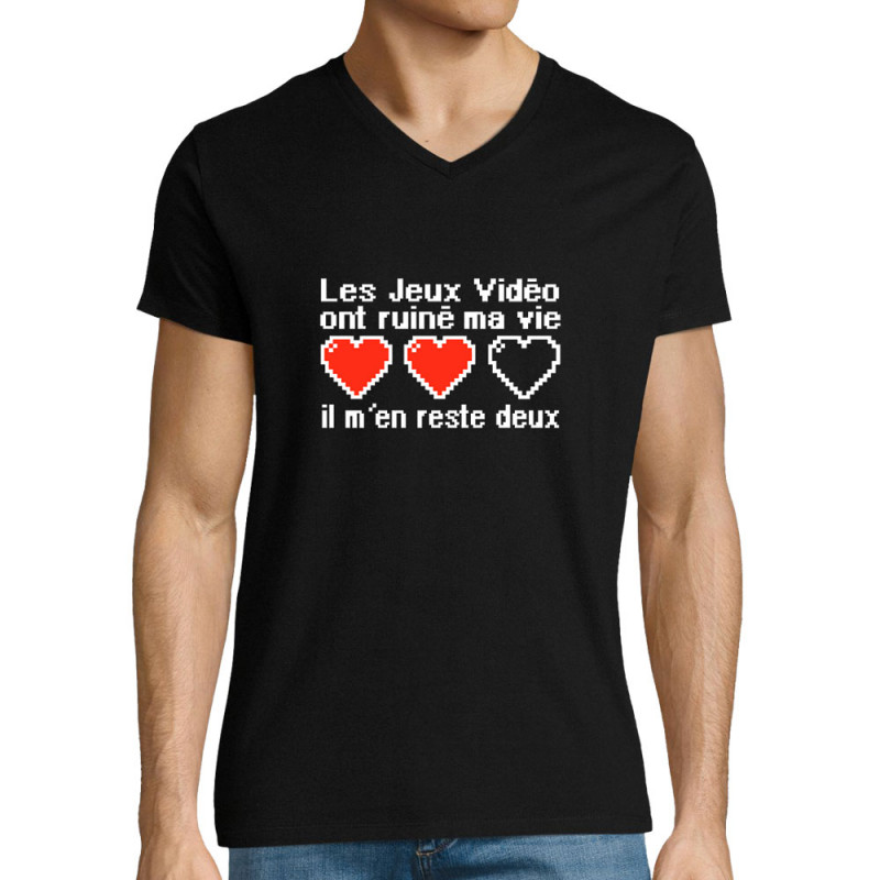T-shirt homme col V noir Les jeux vidéo ont ruiné ma vie (Humour,Jeux Vidéo / Geek)