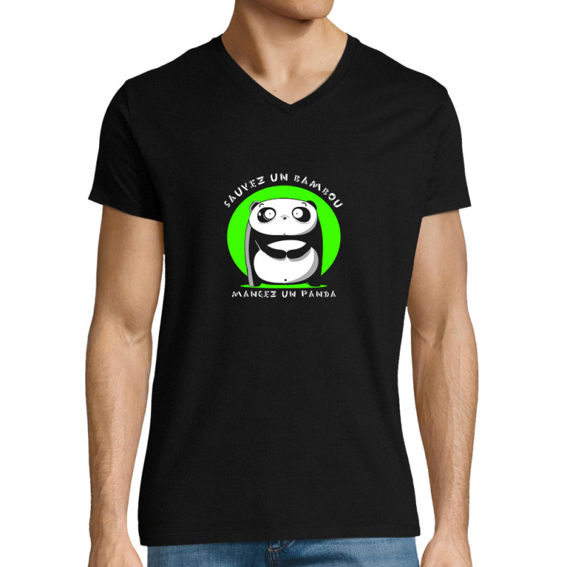 T-shirt homme col V noir Sauvez un bambou Mangez un panda (Pandaluna,Animaux,Humour,Manga Kawaï japan)