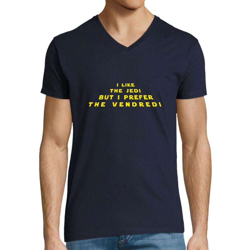 T-shirt homme col V bleu marine I like the Jedi but I prefere the Vendredi (Lemerou,Humour,Star Wars)