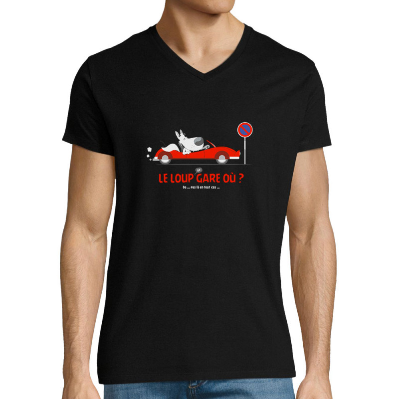 T-shirt homme col V noir Le Loup se gare où (Pandaluna,Animaux,Humour)
