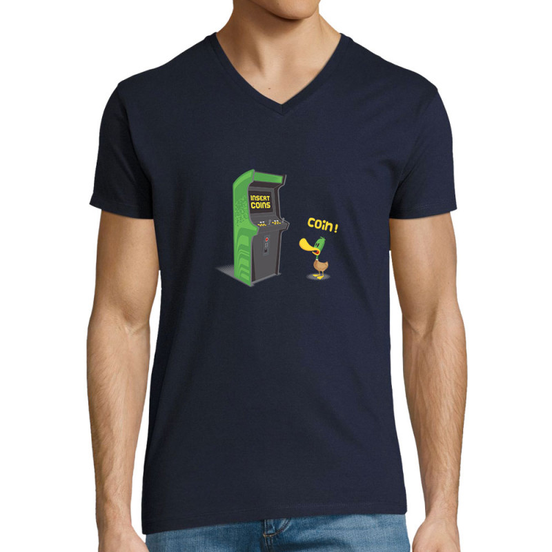 T-shirt homme col V bleu marine Insert Coins (Ted Boundy,Animaux,Humour,Jeux Vidéo / Geek)