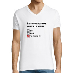 T-shirt homme col V blanc Etes-vous de bonne humeur le matin (Lemerou,Humour,Enfer)
