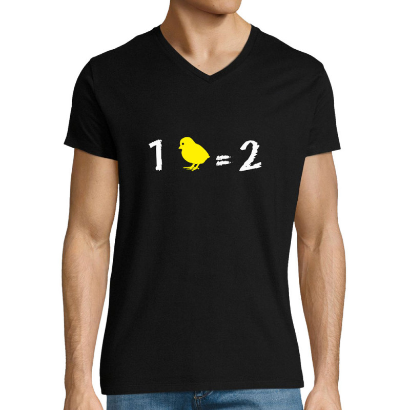T-shirt homme col V noir 1 poussin égal 2 (Franck,Animaux,Humour,Des chiffres et des lettres,Devoirs de vacances)