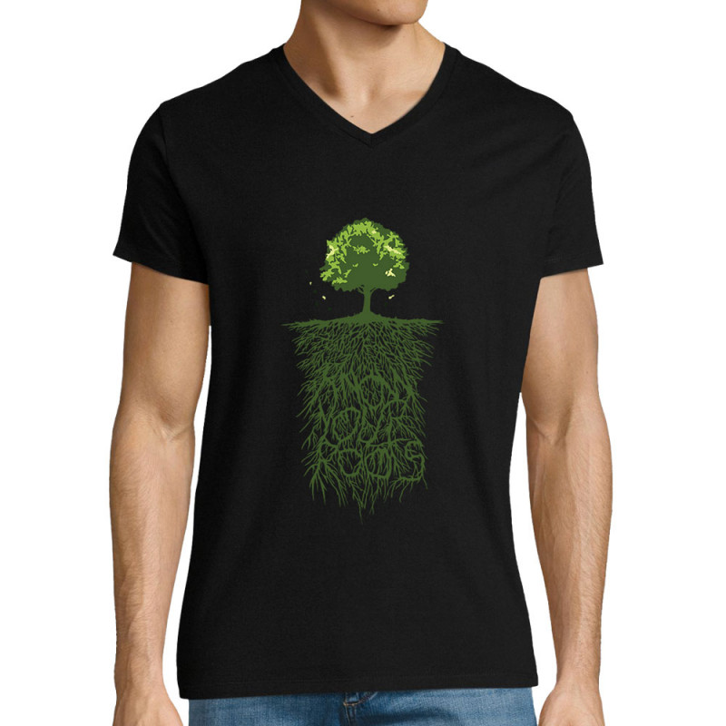 T-shirt homme col V noir Know Your Roots (Ecologie,Ethnique)
