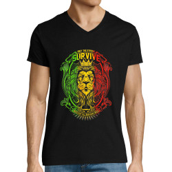 T-shirt homme col V noir Only the strong survive (Animaux,Reggae)