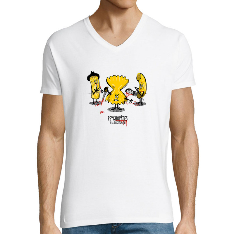T-shirt homme col V blanc Psychopâtes (Gondrax,Fruits & Légumes,Humour)
