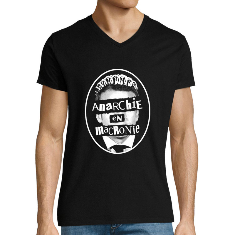 T-shirt homme col V noir Anarchie en Macronie (Gondrax,Slogans engagés,Humour)