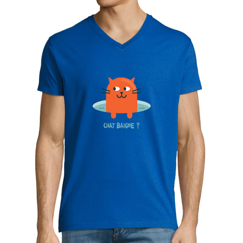 T-shirt homme col V bleu royal Chat baigne ? (Alex Kidd,Animaux,Humour,Chats)