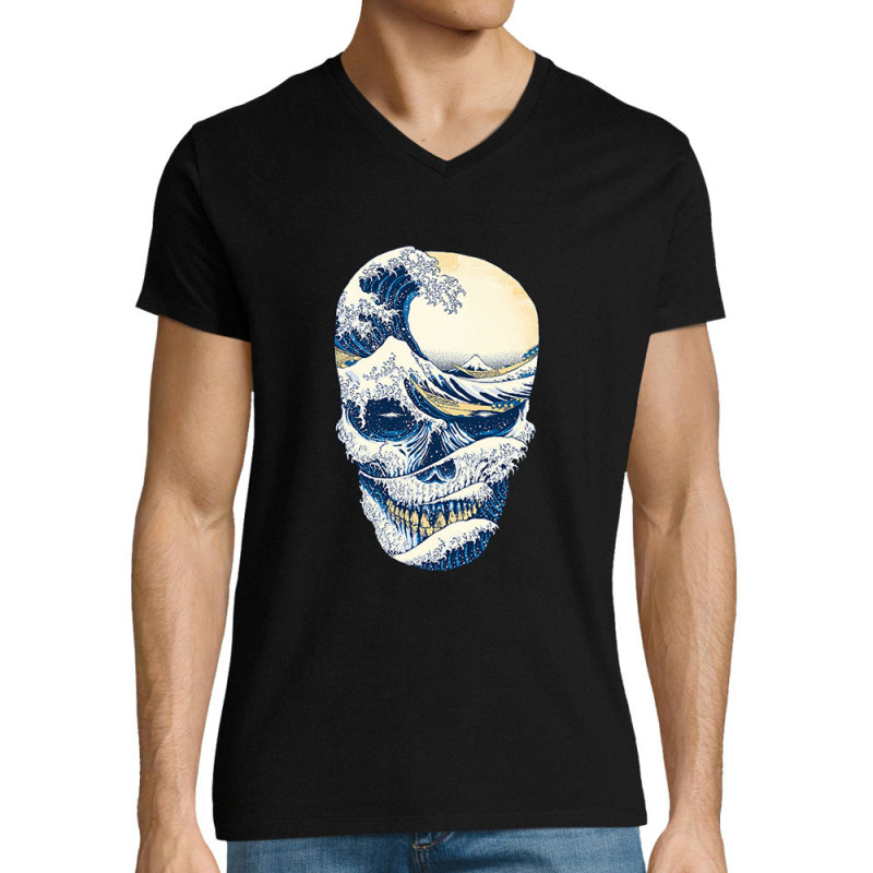 T-shirt homme col V noir Hokusai Wave Skull (Têtes de morts,Amazon,Hokusaï,Musée)