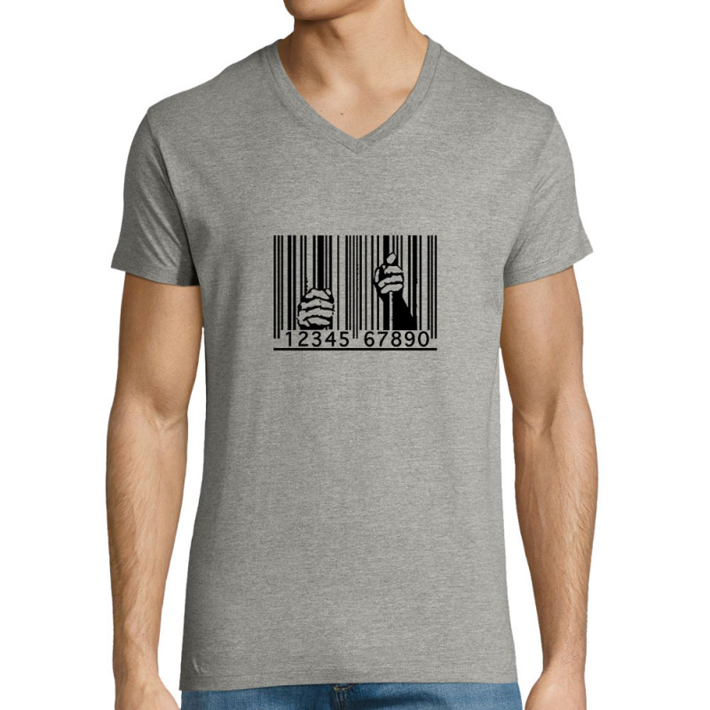 T-shirt homme col V gris chiné Code barre prison (Slogans engagés)