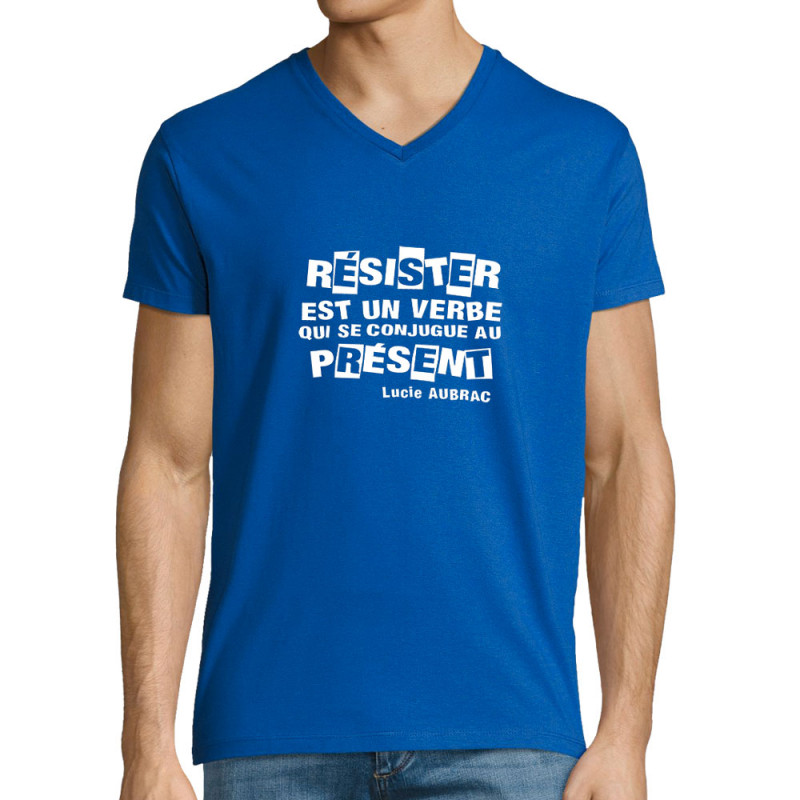 T-shirt homme col V bleu royal Résister est un verbe qui  se conjugue au présent (Slogans engagés)