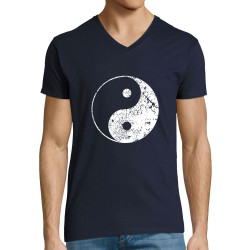 T-shirt homme col V bleu marine Ying Yang (Ethnique)
