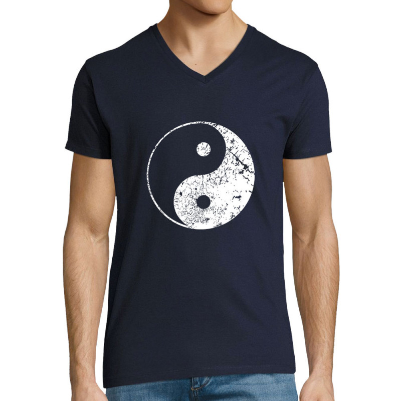 T-shirt homme col V bleu marine Ying Yang (Ethnique)